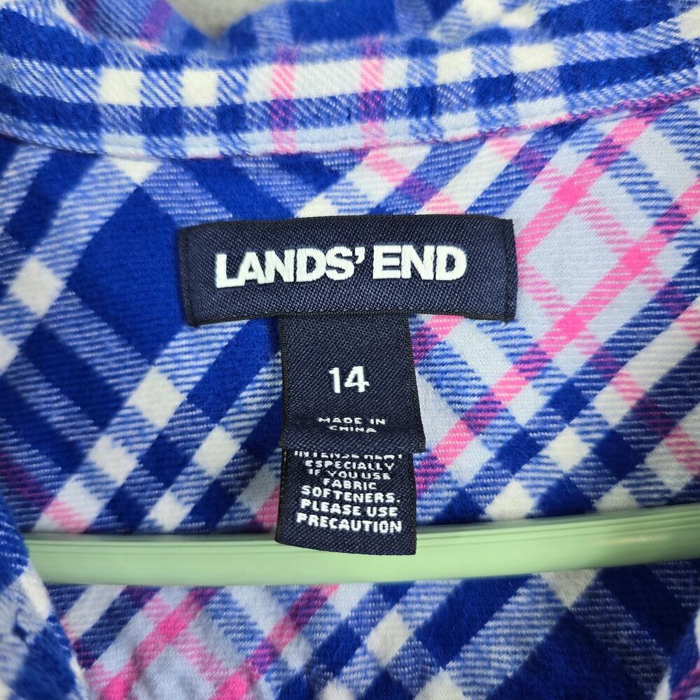 Lands End Flannel Button Shirt Blouse Women's 14 Blue Pink Cottage Farm Ranch - Picture 4 of 9